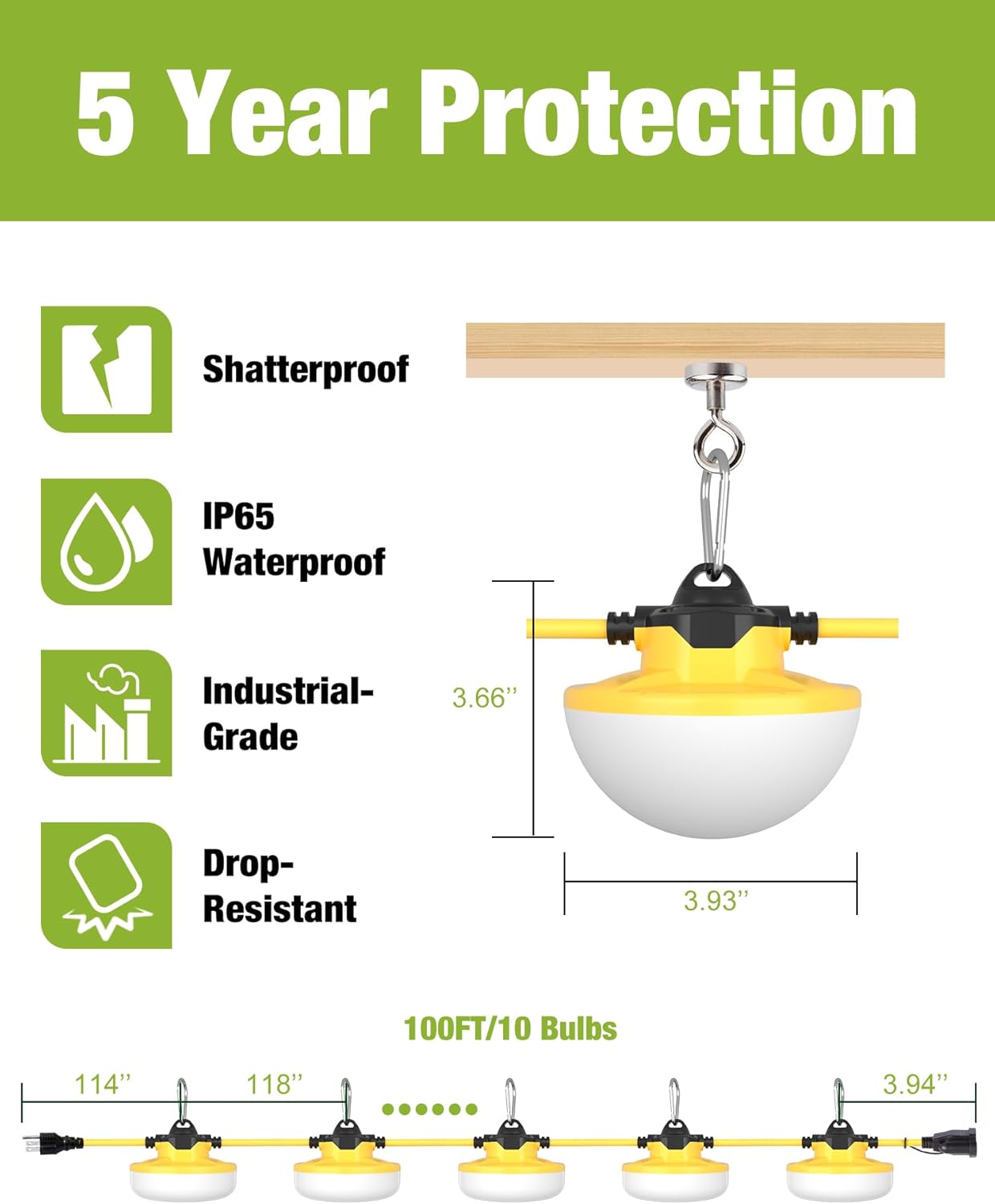 YXL 16000LM 130W Construction String Lights, 100FT Industrial LED String Work Lights, IP65 Waterproof 18AWG Wire 5000K Super Bright for Construction Sites Temporary Work Jobsites Outdoor Lighting