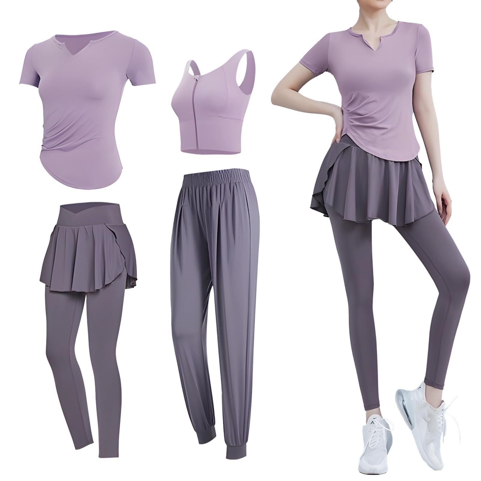 Pilates Fitness Set For Women 4-Piece Activewear Set Short Sleeve Top Sports Bra Polyester And Spandex Fits 135-150