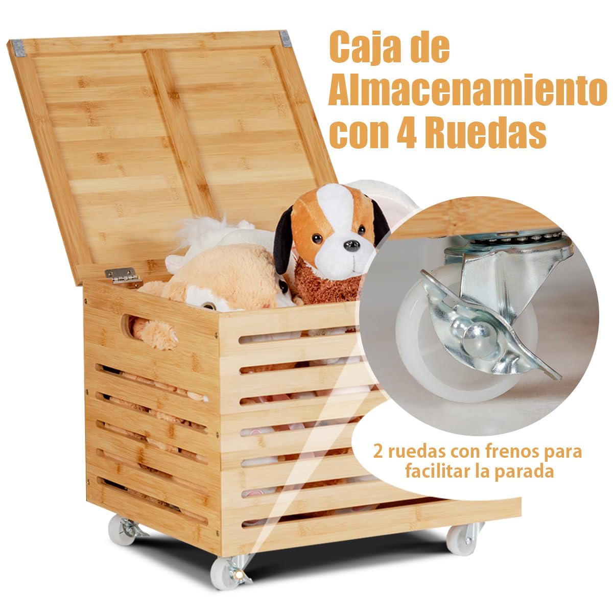 COSTWAY Caja de Almacenamiento Bambú con Ruedas Bloqueables, Baúl de Almacenamiento con Tapa, Organizador de Archivos para Documentos Tamaño Carta, Juguetes, Mantas, Almohadas