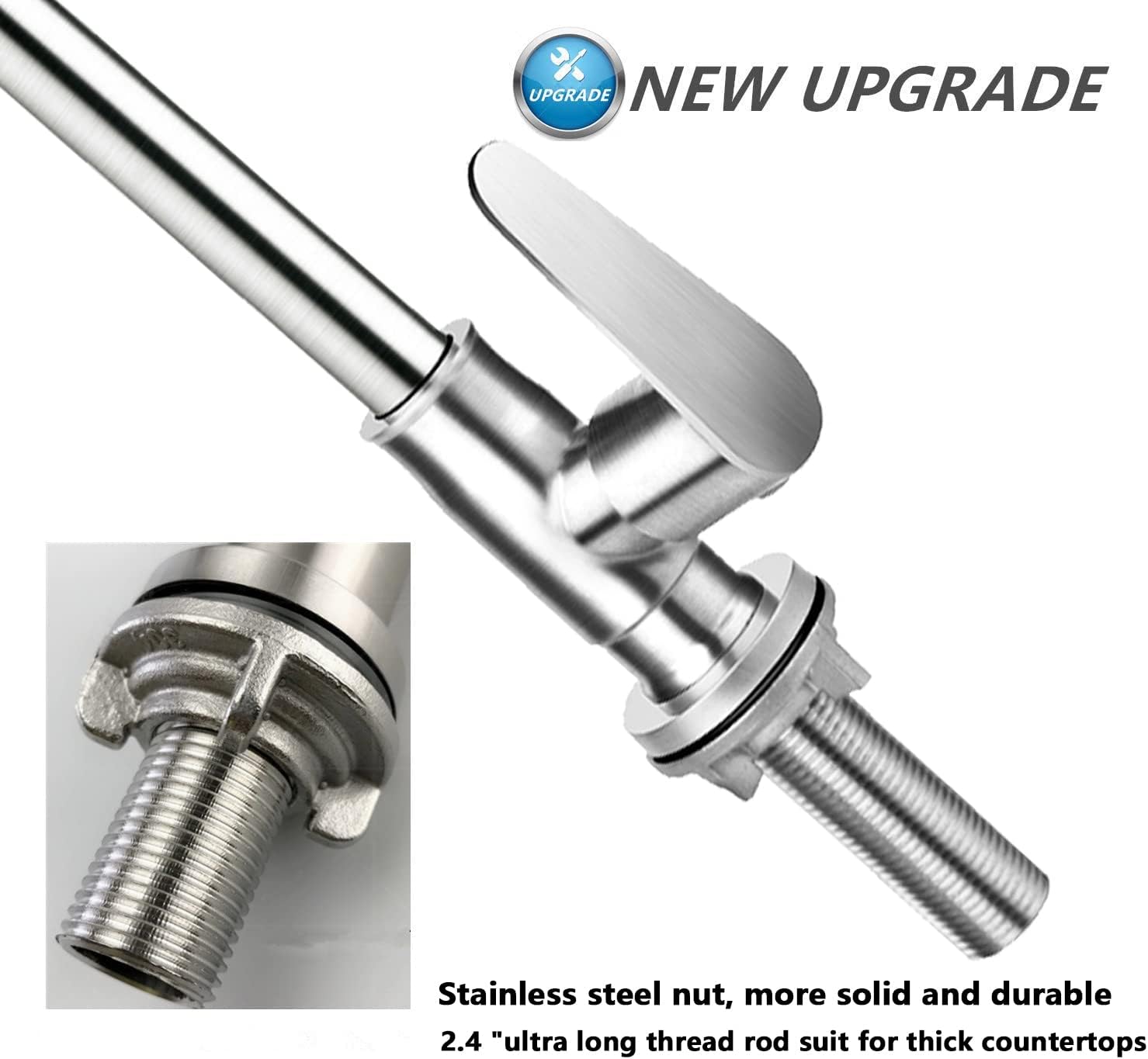 Brushed Nickel Cold Water Faucet Only,SUS304 Stainless Steel Cold Water Kitchen Faucet Single Handle Single Hole Cold Water Faucet for Kitchen,Outdoor, Garden and Bar with Hose and Longer Thread Pipe - Image 2