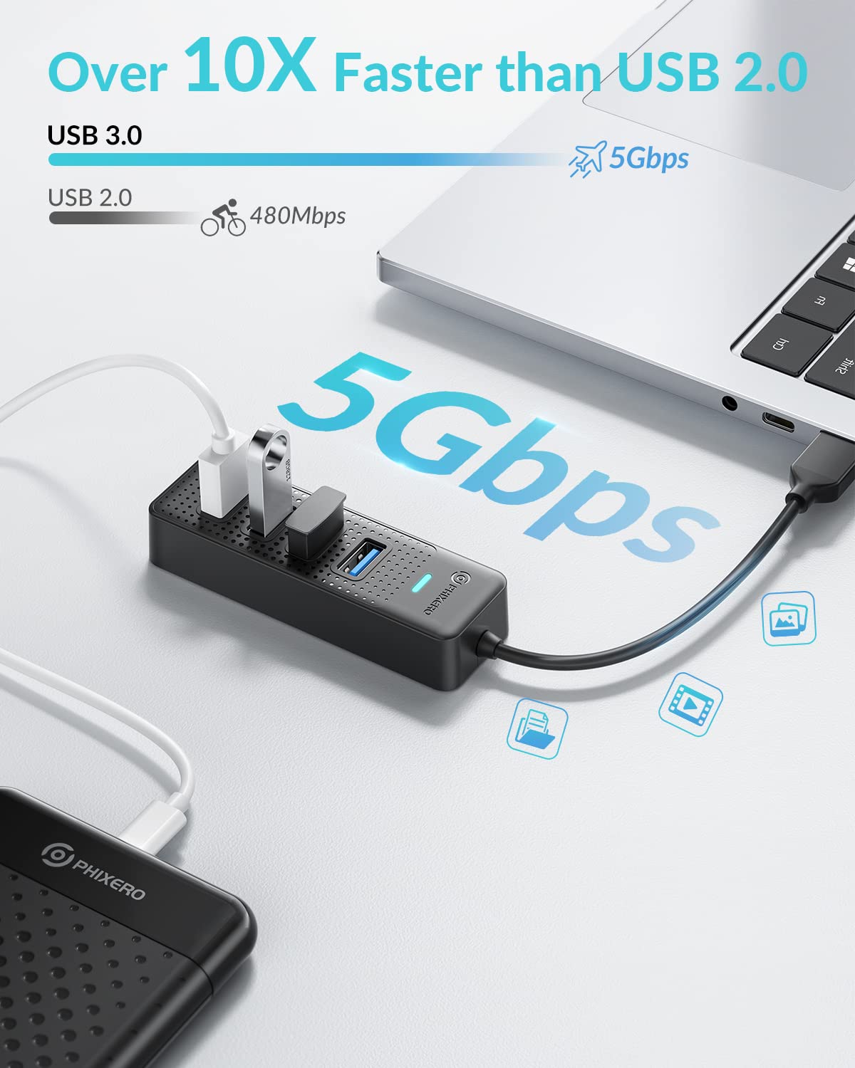 PHIXERO USB 3.2 Gen1 Compact Hub, USB A 4-Port Splitter for Laptop, Desktop PC and More(5Y Warranty)