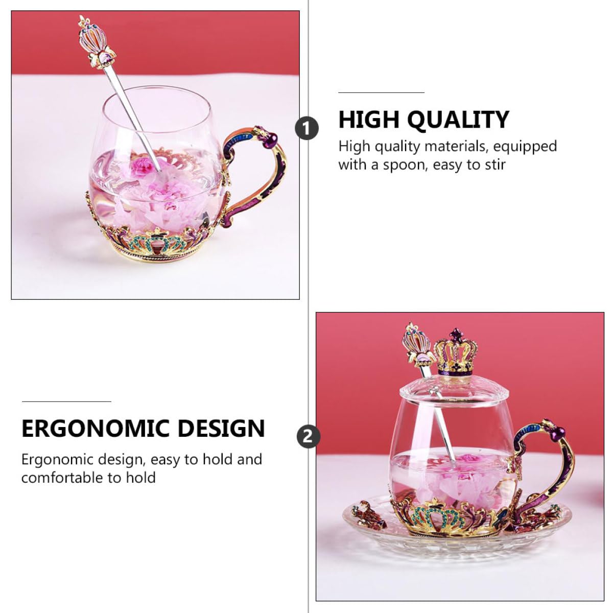 Healeved Taza de Té de Cristal Esmaltado Pequeña con Cuchara, Resistente al Frío y Calor, Ergonómica para Uso Doméstico y Oficina, Juego Sencillo con Diseño Funcional Color Aleatorio