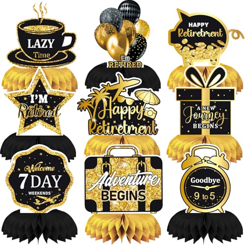 Retirement Party Table Decorations 9PCS Black and Gold Retirement Centerpieces for Table Happy Retirement Party Decorations for Office Men and Women Farewell Decor