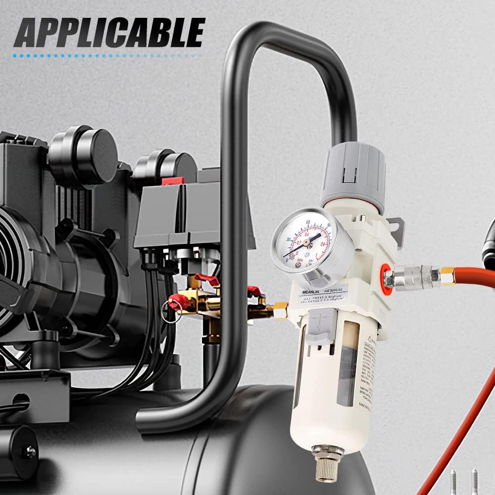 MEANLIN Air Compressor Moisture Filter, AW3000 Air Line Filter, 3/8" NPT Inlet with 150 PSI Gauge and Valve Shut Off Switch for Air Tools and Spray Paint Gun