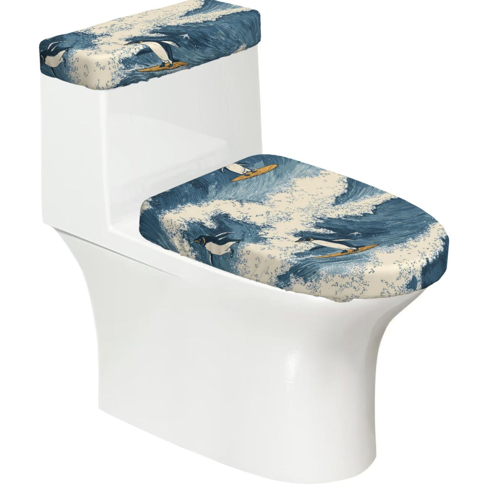 Wzycwb Black Surf 2-Piece Toilet Seat Cover Set With Tank Lid, Elastic Fit For U-Shape & Elongated Toilets, Bathroom Decor, Housewarming Gift