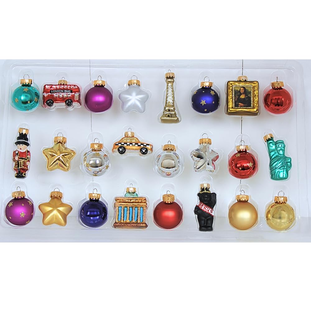 Dekohelden24 Lauschaer Christbaumschmuck - 24er Set Christbaumkugeln Lauscha, Glaskugeln, Glasornamente Weltreise - Baumschmuck zum Adventskalender befüllen, aus Lauscha, Größe: 3 cm je Ornament.