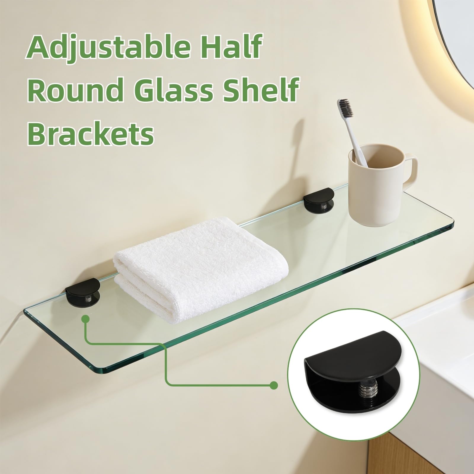 12 Piezas Soporte de Vidrio, Abrazadera de Vidrio de Acero Inoxidable, Soportes para Estanteria de Cristal Clip de Vidrio Semicírculo con Tornillos (Negro, Semicírculo, para Cristal de 6-12 mm)