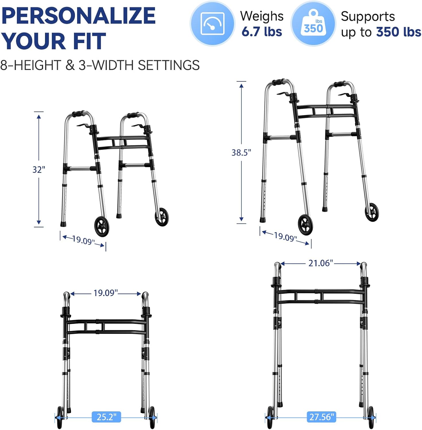 Walkers for Seniors Foldable, Aluminum Lightweight Walker with Wheels, Adjustable Height & Width Standard Walkers for Elderly & Disabled, 350 lbs Capacity, Silver
