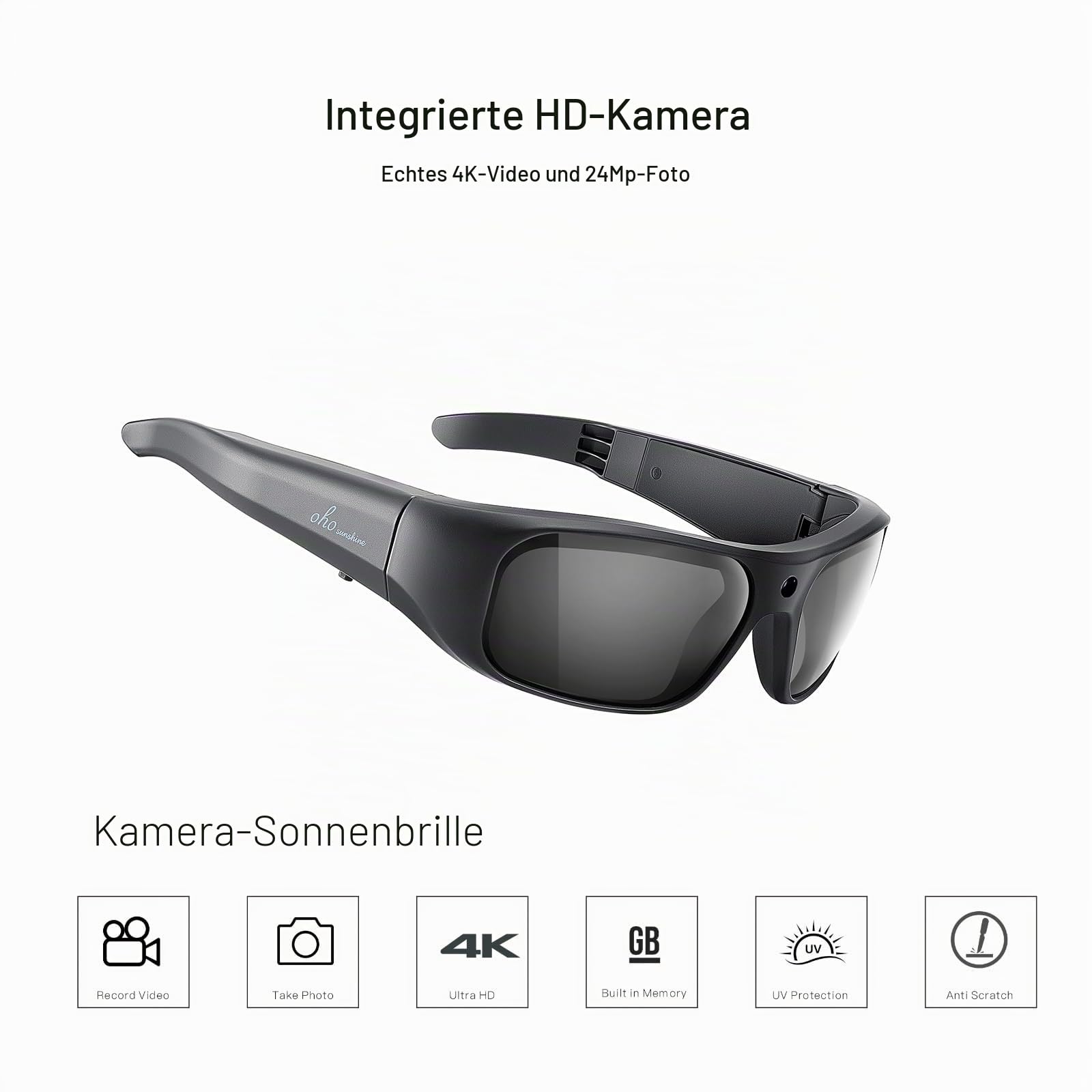 OhO sunshine 4K UHD Camera Sunglasses, Record-While-Charging, Water Resistant, UV Protection Lenses, Unisex