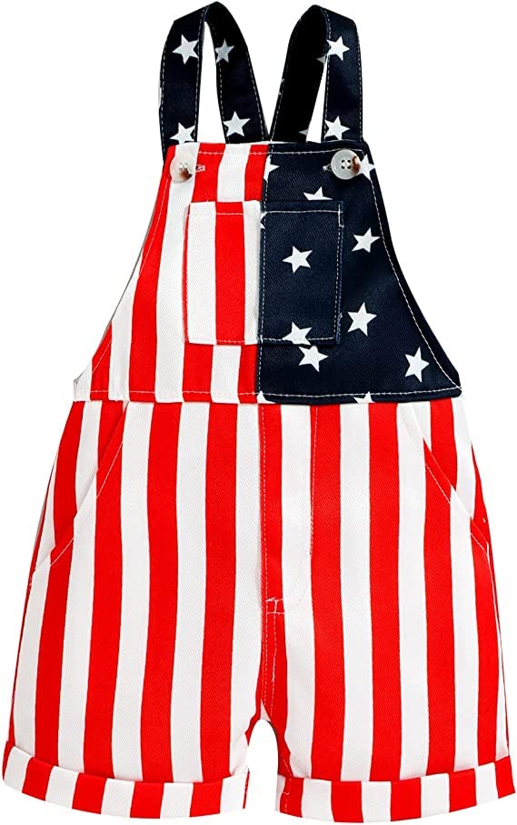 REWANGOING Newborn Baby Girls Boys 4th of July Suspender Jumpsuit Outfits American Flag Stripes Print Bib Overalls Pants