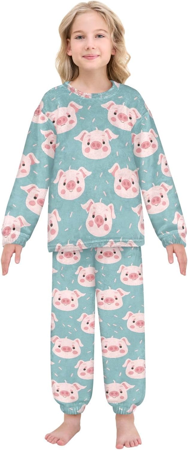 Kids Flannel Sets Cute Pig Face Pattern Warm Plush Relaxed Clothing for Boys and Girls