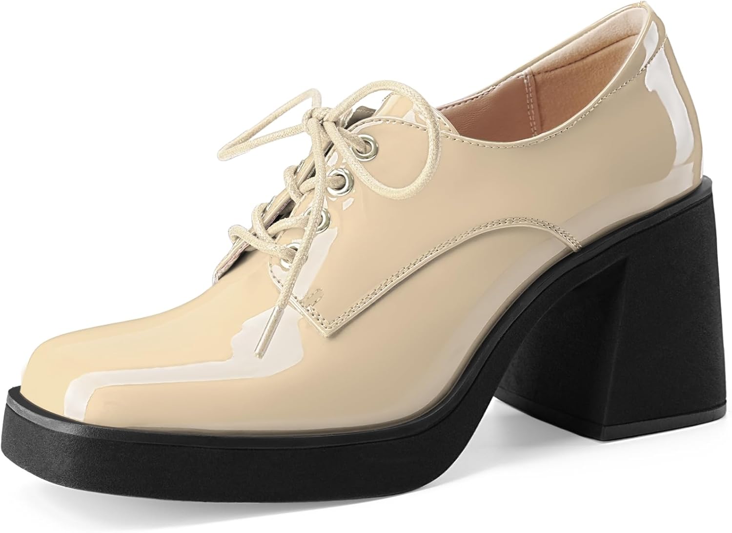 Oh Mispares Women's Chunky Heeled Oxfords Square Toe Platform Oxford Shoes for Women Lace-up Patent Leather Shoes Comfortable Business Dress Pump Shoes for Work