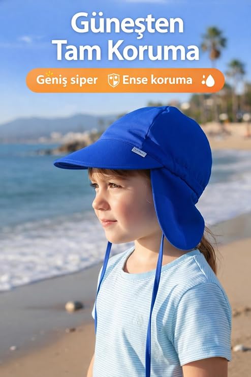 Yorni Bebek Güneş Şapkası, Ense Korumalı, Boyundan Bağlamalı, Ayarlanabilir, Hafif ve Nefes Alabilir, Deniz & Havuz Uyumlu, Unisex Çocuk Şapka (0-8 Yaş)