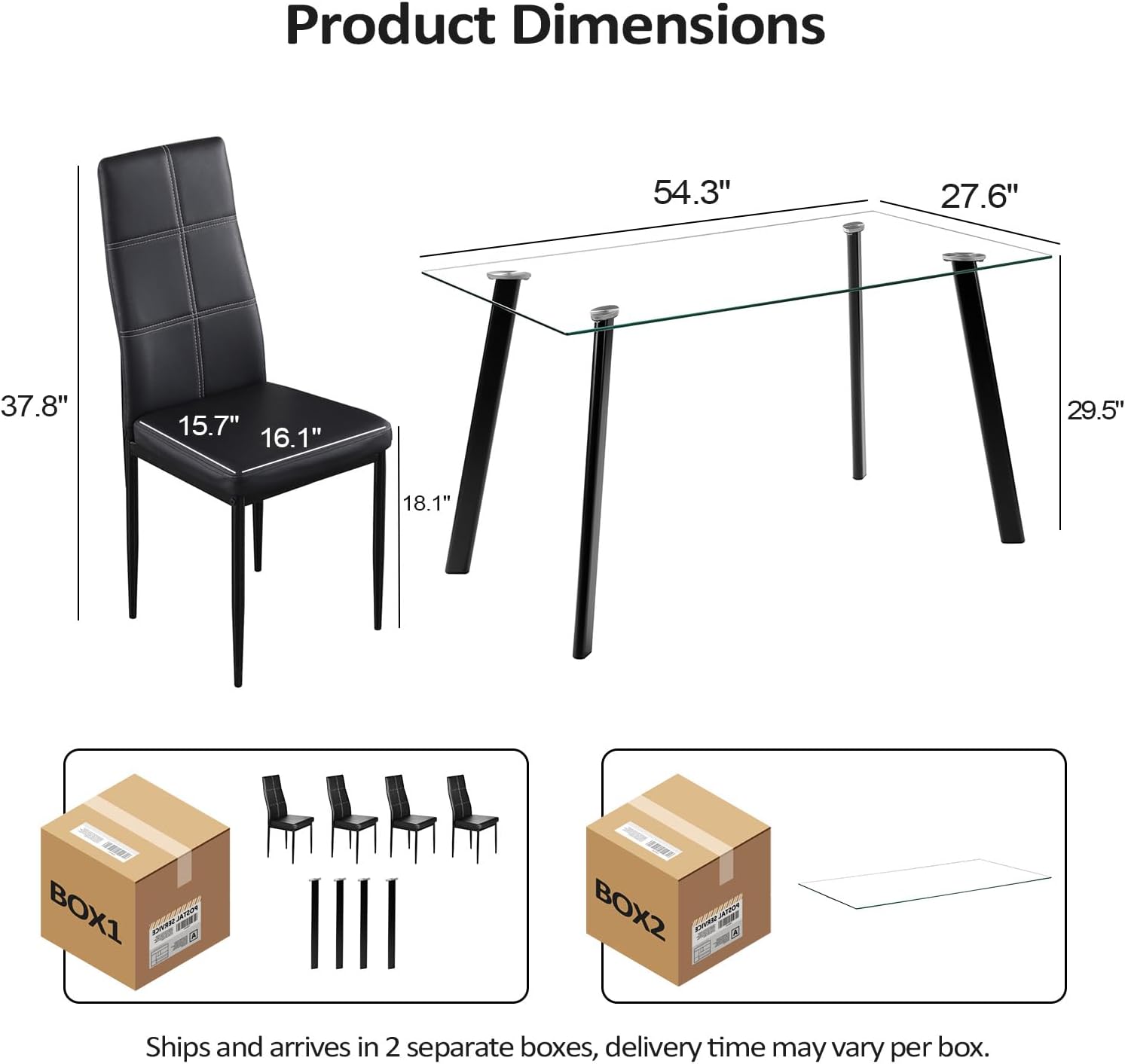 Bonnlo 5 Pieces Dining Table Set Modern Black Dining Room Table Set for 4,Small Kitchen Table and Chairs for 4,Clear Dinette Set with Glass Tabletop and PU Leather Metal Frame Chairs,Clear&Black