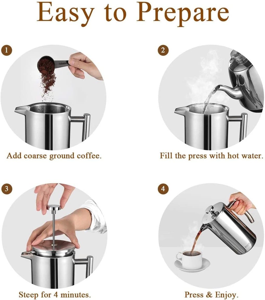 Press Coffee Maker Double-Wall 304 Stainless Steel Brews and Tea 350/800/1000ml