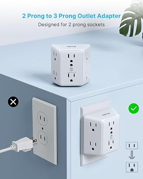 VINTAR 2 Prong to 3 Prong Outlet Adapter, 3 Sided 6 Outlet Extender