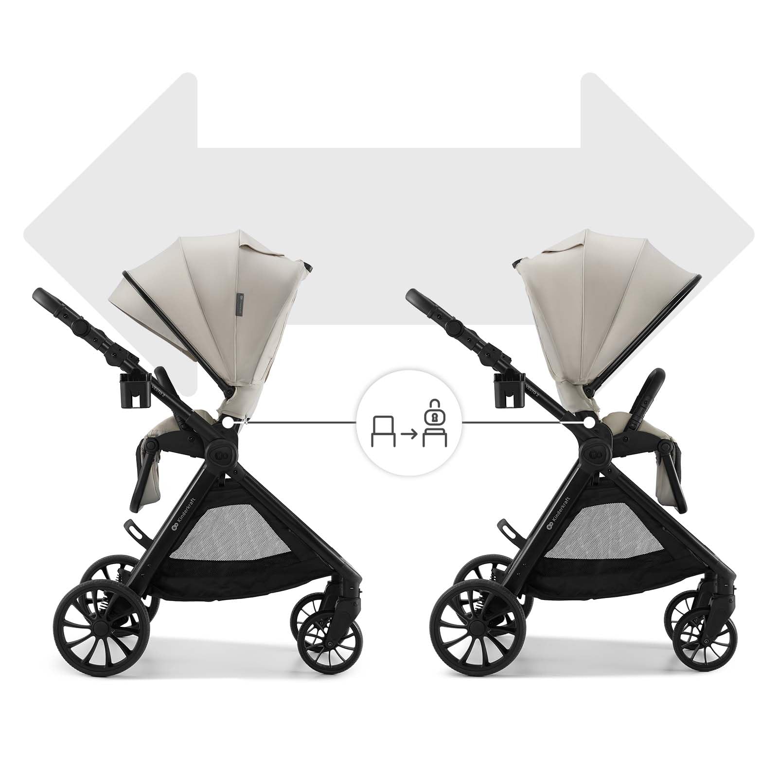 Kinderkraft VESTO 2 Passeggino fino a 22 kg, seduta reversibile fronte mamma e mondo, chiusura con seduta montata, self-standing, ruote ammortizzate, Beige