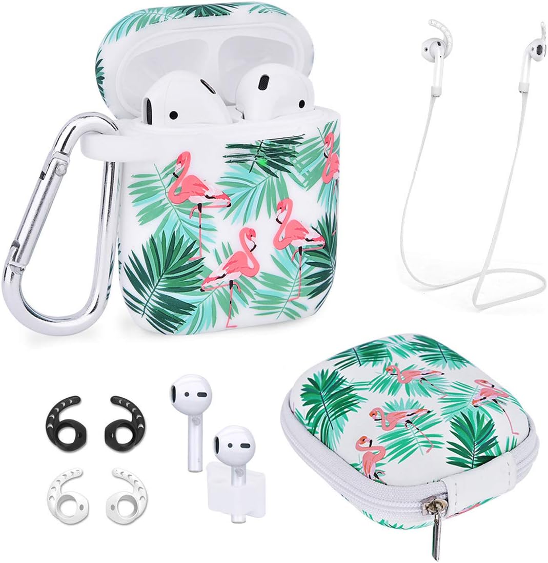 Airpods Case - Airspo 7 in 1 Airpods Accessories Set Compatible with Airpods 1 & 2 Protective Silicone Cover Floral Print Cute Case (Flamingo)