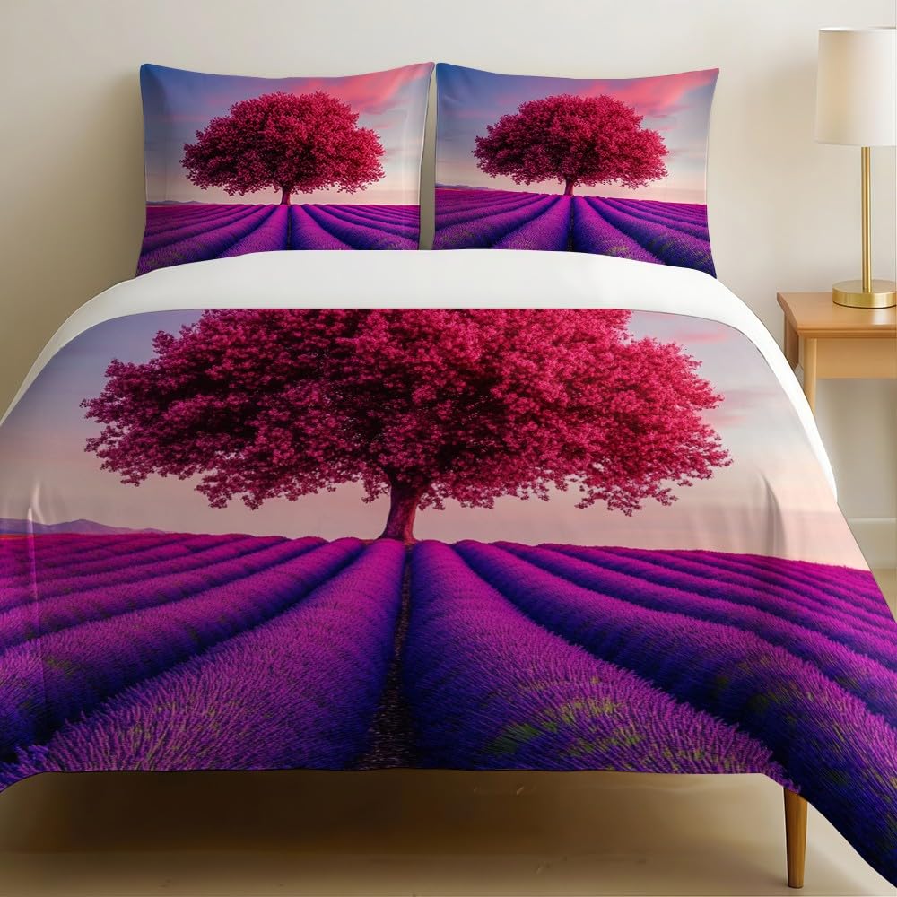 Housse de couette 240x260 cm champs de lavande violette en microfibre avec taies d’oreiller