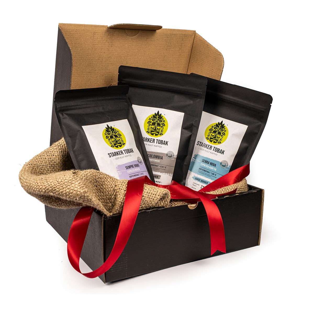 Espresso Geschenkpaket „soulful INTENSE“, Geschenk-Set: 3 x 250 g Kaffee Espresso kräftig, handgeröstet, ganze Bohne, schwarzer Geschenk-Karton, ein Teilstück vom originalen Kaffee-Sack