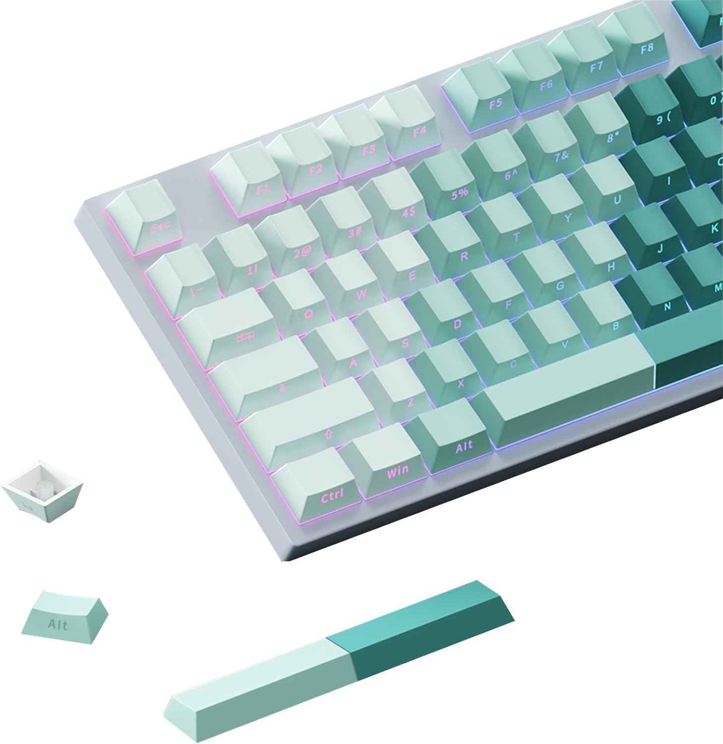 Gradient Green Side-Print Shine-Through PBT Keycaps, 121 Keys Cherry Profile, Smooth Gradient, Dual-Tone Spacebar with Light Strip, for MX Switches,for Keyboards with LED Facing South