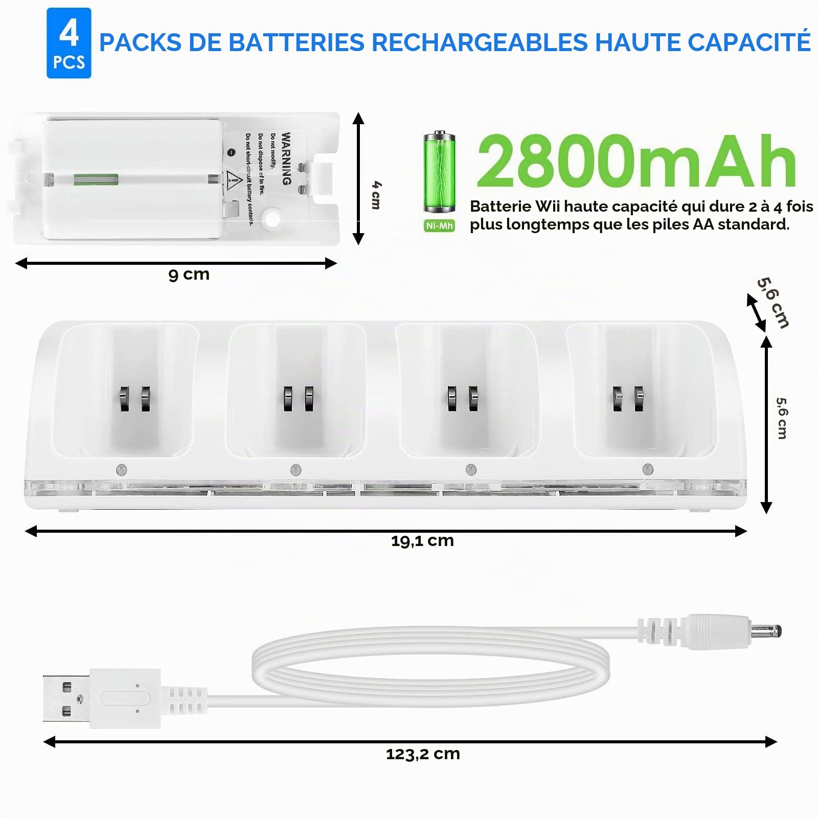SOONHUA Station de Charge Wii 4 en 1 Avec 4 Piles Rechargeables Et Indicateurs LED pour Télécommande - Blanc