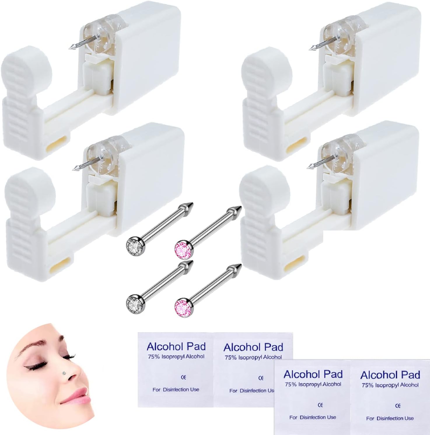 4-Pack Disposable Self Piercing Kit with Built-in Nose Studs, Very Safe Piercing Gun, Simple and Convenient Operation, Ideal for Family Use (White + Pink)