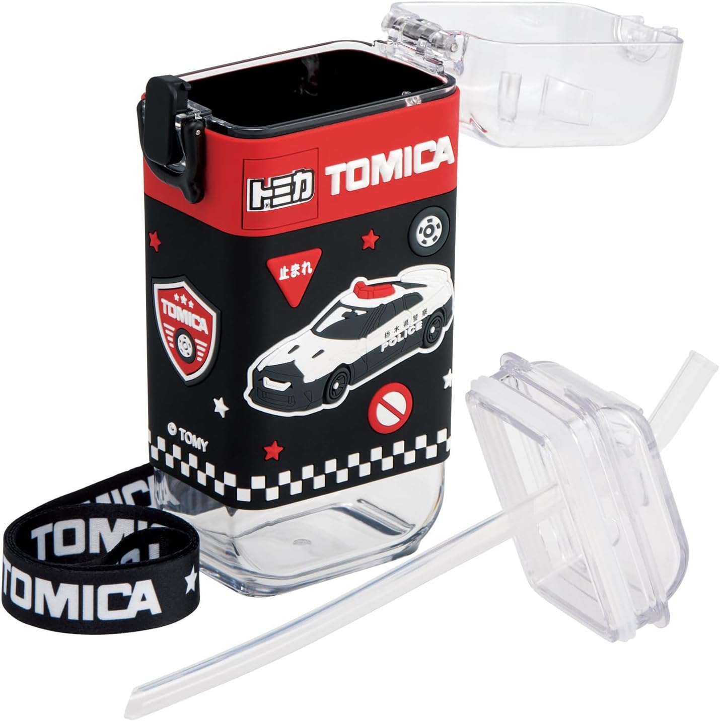 Skater PSQ5ST-A Square Straw Bottle Water Bottle, M, 15.7 fl oz (450 ml), One Push, Cover Included, Shoulder Strap Included, Tomica Boys