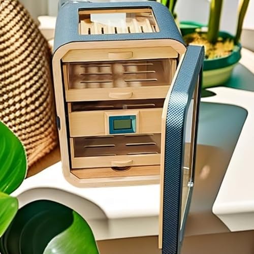 Iuseike 葉巻ケース シガーボックス、高級杉材シガーボックス、大容量、収納・整理、保湿・保温・防塵・防カビ、温度計・加湿器付き、天然杉材で葉巻の風味がよりまろやか、収納便利、絶妙な外観デザイン、ギフトや家庭用に最適 (カーボンファイバー(透明天窓))