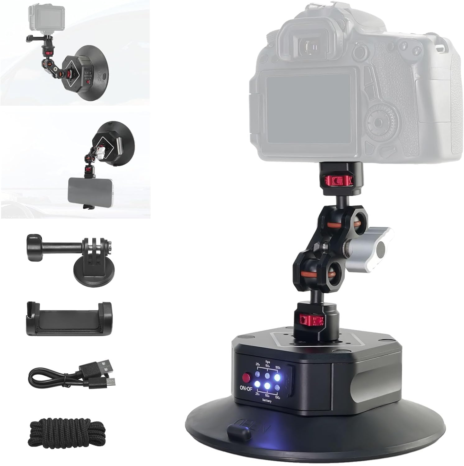 6inch Auto Pump Suction Cup Mount with Ball Head Magic Arm, 1/4" ARRI Holes & Quick Release Compatible with iPhone 17/16 Pro Max DJI OSMO Pocket 3 Insta360