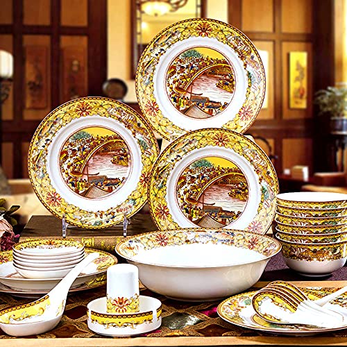 ELUKHT - Vajilla de 28 piezas de porcelana inglesa con cuencos para cereales, platos, cucharas para 6 personas, apto para lavavajillas, microondas y horno