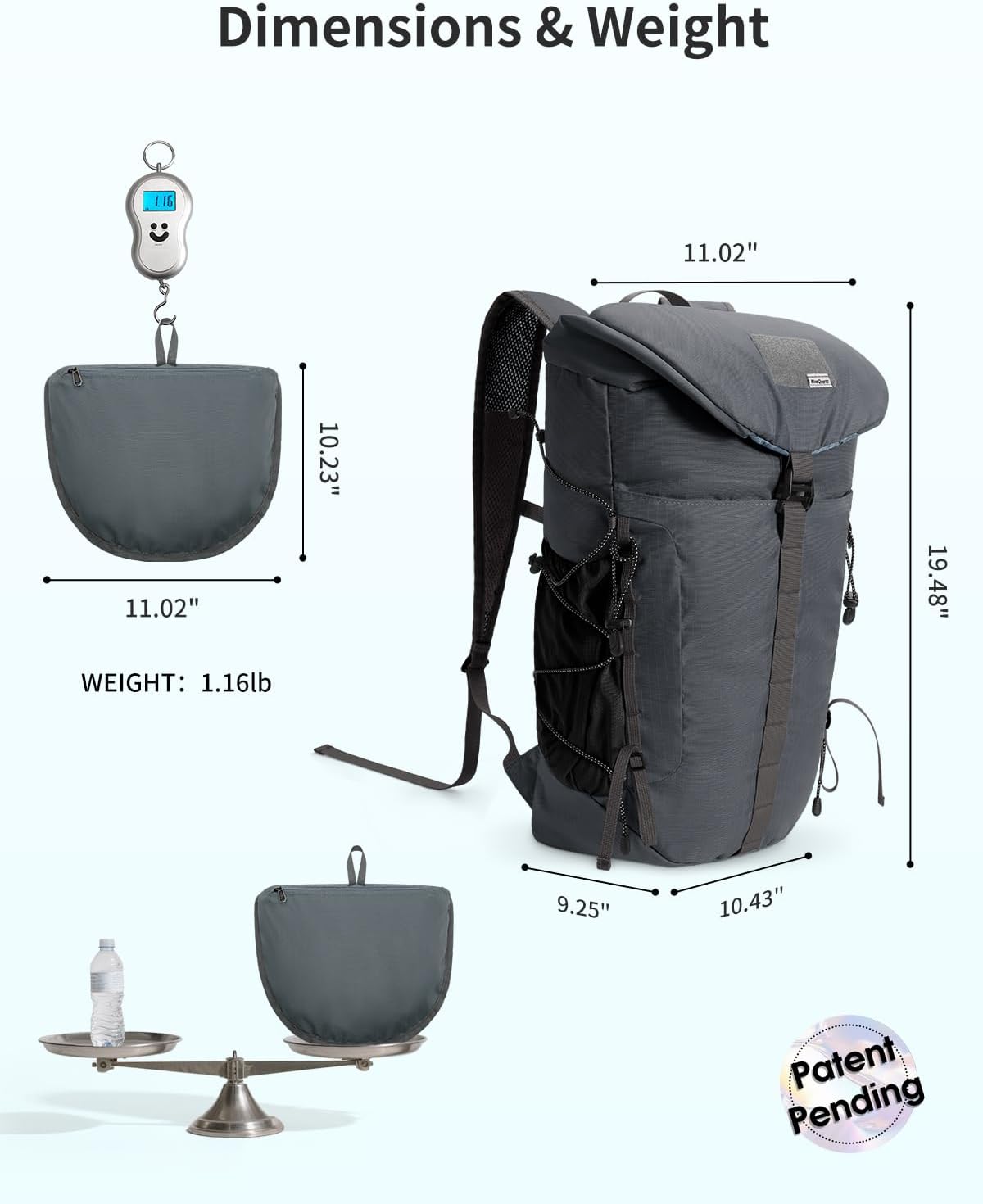 Blue Quartz Hiking Backpack 30L Lightweight Packable Backpack for Travel, Water Resistant Foldable Daypack for Women Men, Gray