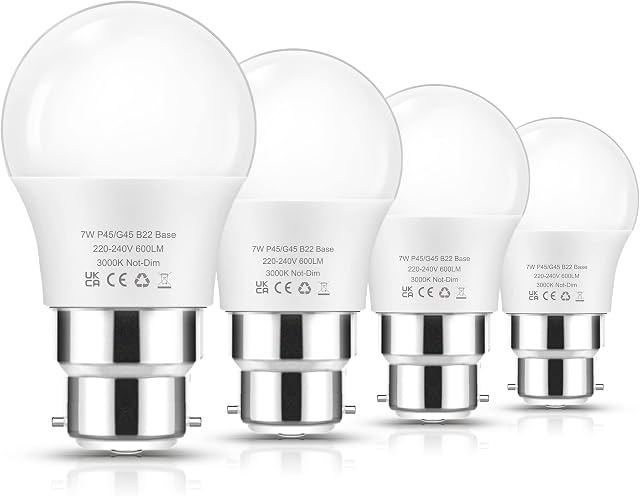 Bayonet Light Bulb 60W, 7W B22 LED Bulbs Small G45 Golf Ball Bulbs, Warm White 3000K, Small P45 B22 Cap LED Energy Saving Light Bulbs, BC LED Lights Non-Dimmable for Home Lamp, Decor Lighting, 4 Pack