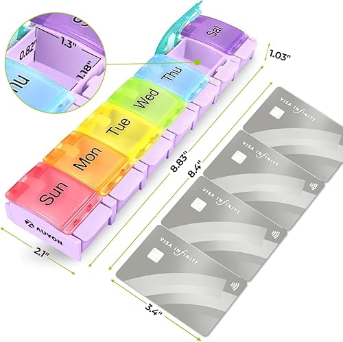 Vista 20 de AUVON - Pastillero semanal sin BPA, adecuado para artritis, diseño de apertura de resorte y compartimento grande para vitaminas, aceite de hígado