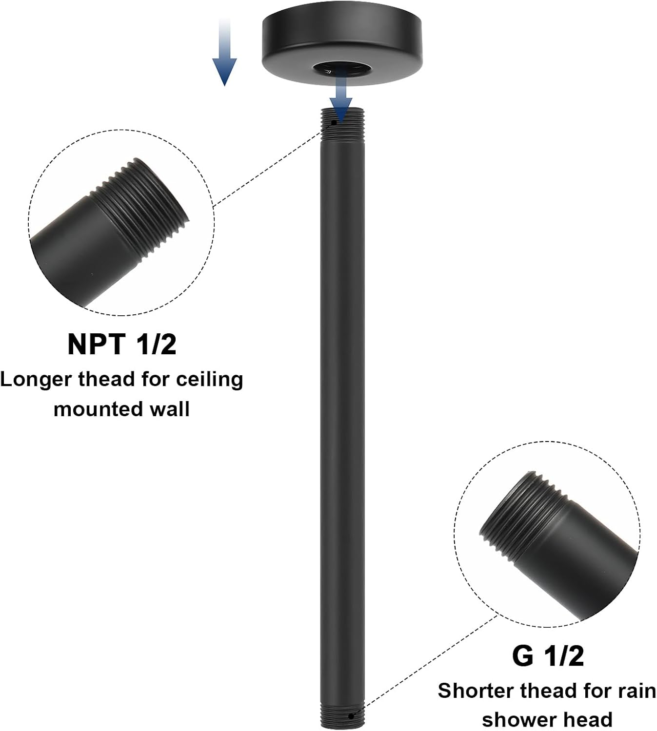NearMoon Ceiling Mounted Shower Arm With Flange and Teflon Tape, Universal Connection Straight Round Shower Arm for Fixed Rain Shower Head, Thicken Stainless Steel (10 Inch, Matte Black)