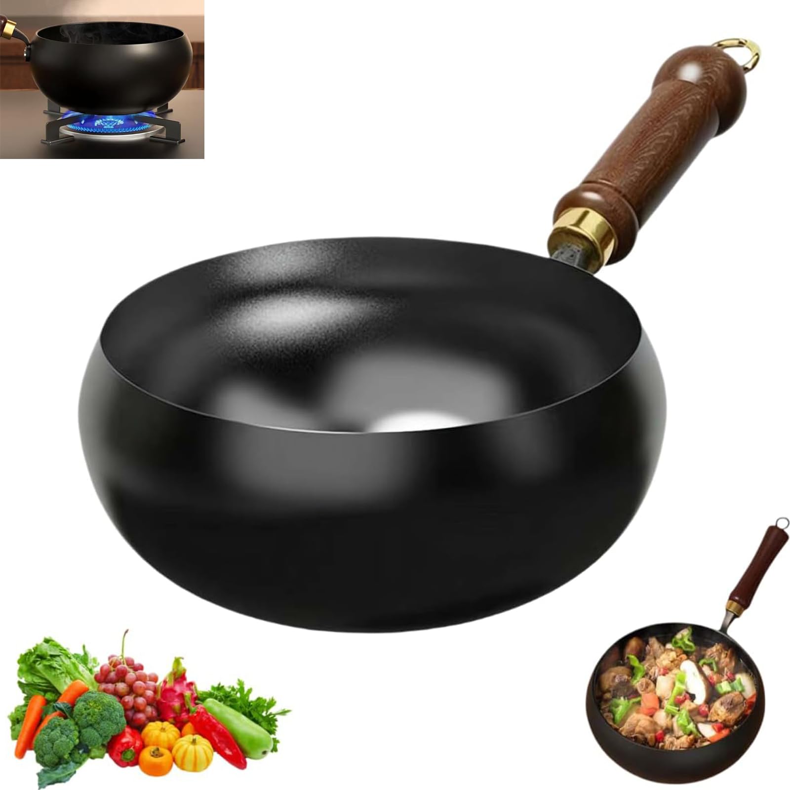 REGAPOG Poêle en Fonte Wok Chinois Grand Ventre - Poêles en Fonte et Poêle en Fer, Diamètre 28cm, Fabriquée Artisanale sans Revêtement, Poignée en Bois Naturel pour Cuisson Authentique