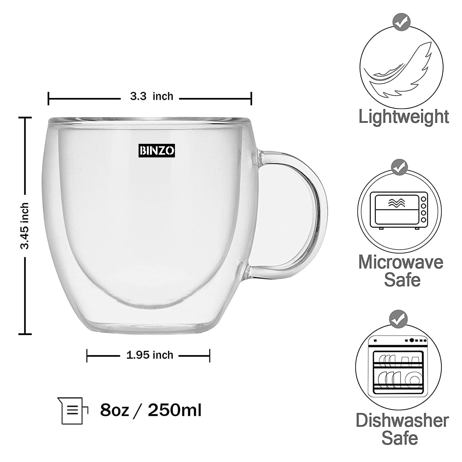 BINZO Glass Cups - Set of 6 for Coffee & Tea -2