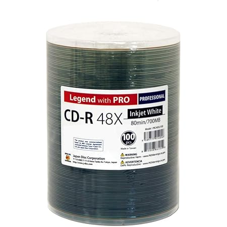 100 Pack Professional CD-R Legend with Pro Taiyo Yuden TY Technology 48X 700MB 80Min (MID 97m24s01f) White Inkjet Hub Printable Blank Recordable Disc