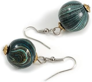 Pendientes de gota de madera de fusión de color verde azulado/negro/dorado con cierre de tono plateado, 40 mm de largo, talla única, Madera, Sin piedra preciosa