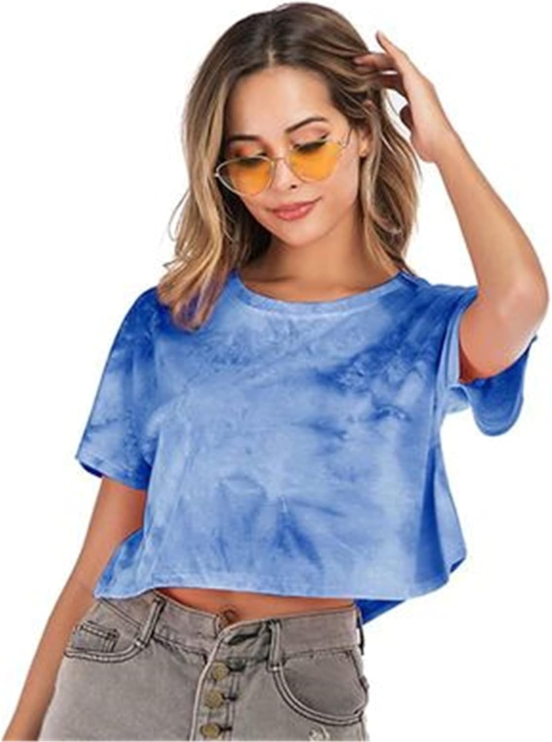 レディースショート丈半袖Tシャツ 女性のネクタイ丸い首のスリムショートスリーブクロップトップTシャツ 春夏 秋 (色 : 青, Si