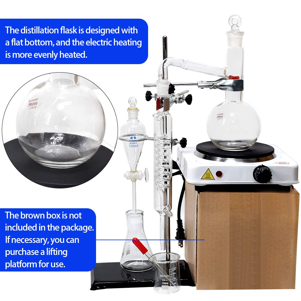 500ml Lab Glassware Distillation Kit Essential Oil Distillation Apparatus Lab Glassware Kits Steam Water Distiller Purifier Include 110V Electronic Heating Stove