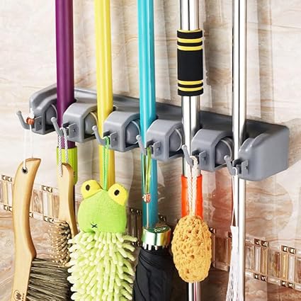 STELLIX Plastic Broom Holder Wall Mounted | Heavy Duty Mop Holder for Bathroom, Kitchen, Garden and Garage | Premium Tool Organizer with 5 Mop Stick Holder and 6 Utility Hooks, Hanging Shelves