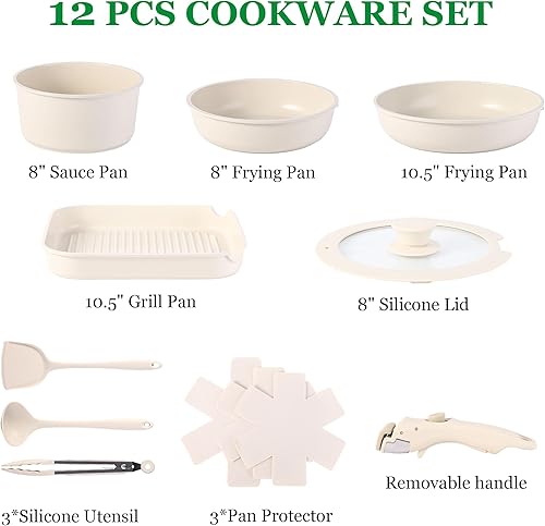 Miniatura 4 de Juego de utensilios de cocina de 12 piezas de aluminio, antiadherentes, extraíbles y aptos para microondas, juego de sartenes de inducción para