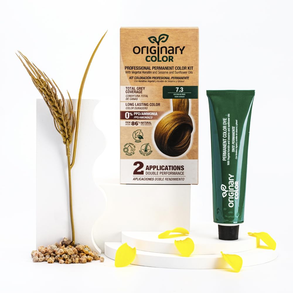 Originary Color - Kit de Coloración Profesional Permanente, Color 7-3 Rubio Medio Dorado 100 ml + Crema Oxidante 100 ml + Champú 30 ml | Fórmula sin amoniaco y sin PPD.