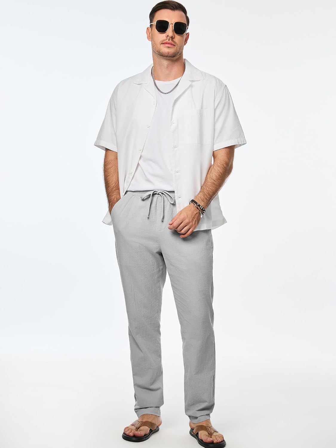 JMIERR Mens Cotton Pants Casual Elastic Waist Drawstring Lightweight Summer Beach Trousers with Pockets - Image 3