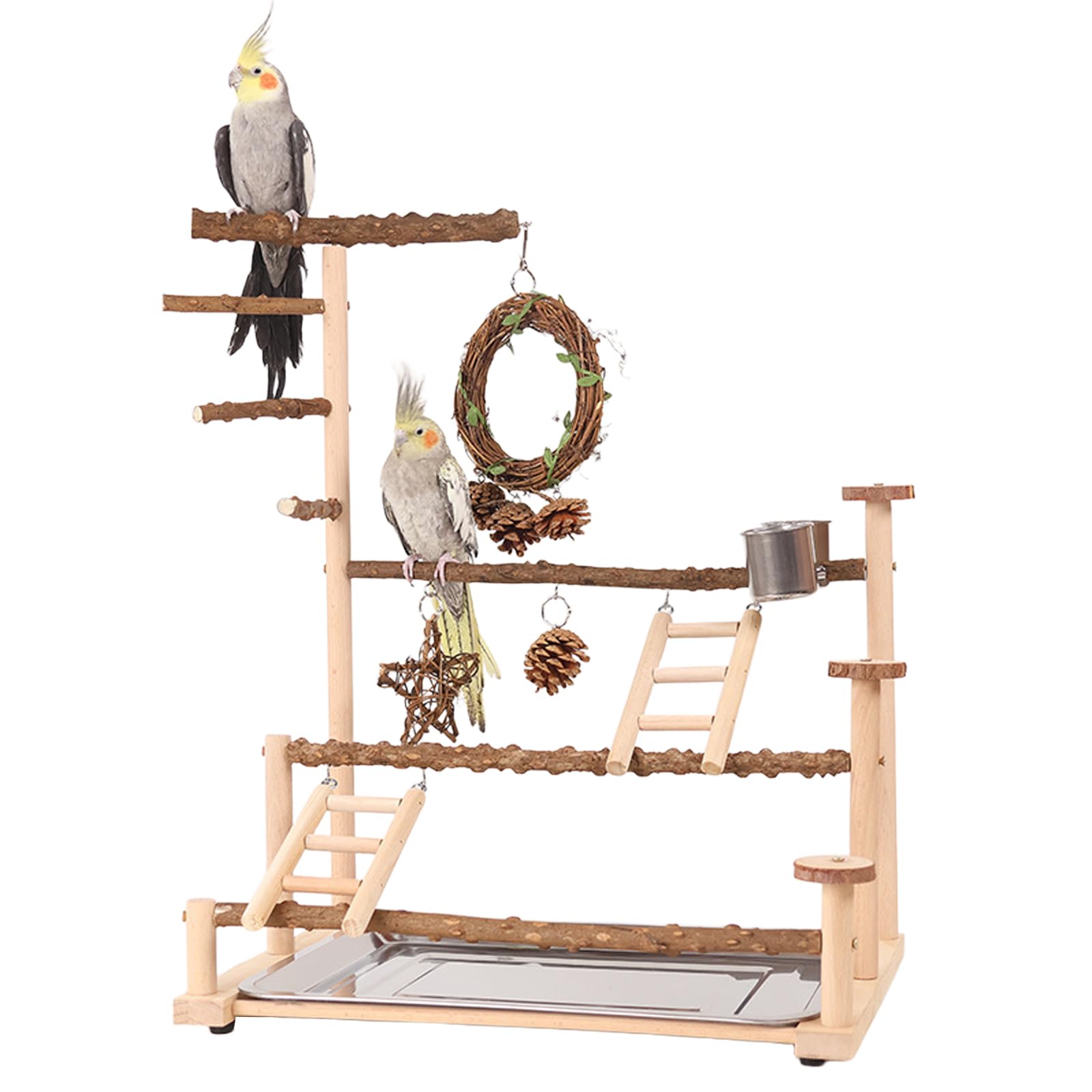 Kivinia Bird Playground, Wooden Parrot Playstand for Small to Medium Birds with Feeder Cups, Bird Play Stand with Ladders, Swings and Detachable Tray for Cockatiel Parakeet Lovebirds Conure - A003