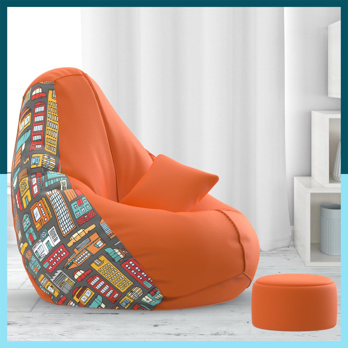 Biggie Bean Bag with Beans Filled 5XL Bean Bag with Free Cushion and Footrest - Official : PrintHaven Combo (Matching Color : Printed, City Lights - H - Orange Black)-image-28