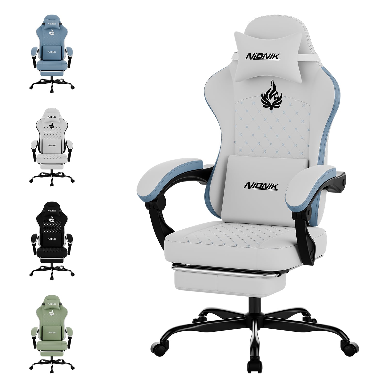 NIONIK Gaming Stuhl, Ergonomischer Bürostuhl mit Fußstütze & Lordosenstütze, Höhenverstellbarer Schreibtischstuhl für Erwachsene, PC Gaming Stuhl für E-Sports, E-Sport, Streaming und Homeoffice