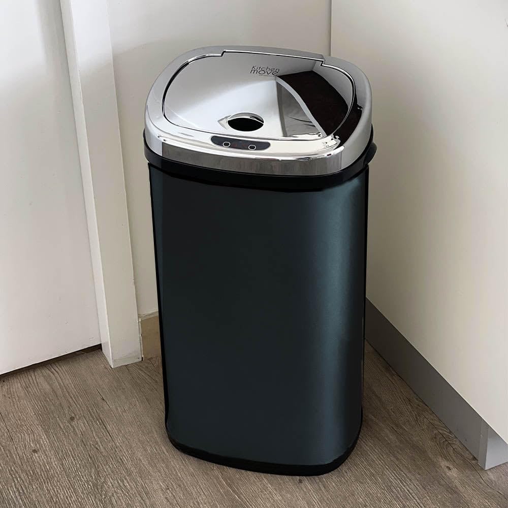 KITCHEN MOVE Poubelle de cuisine automatique 42L LARGO Noir brillant en acier INOX avec cerclage