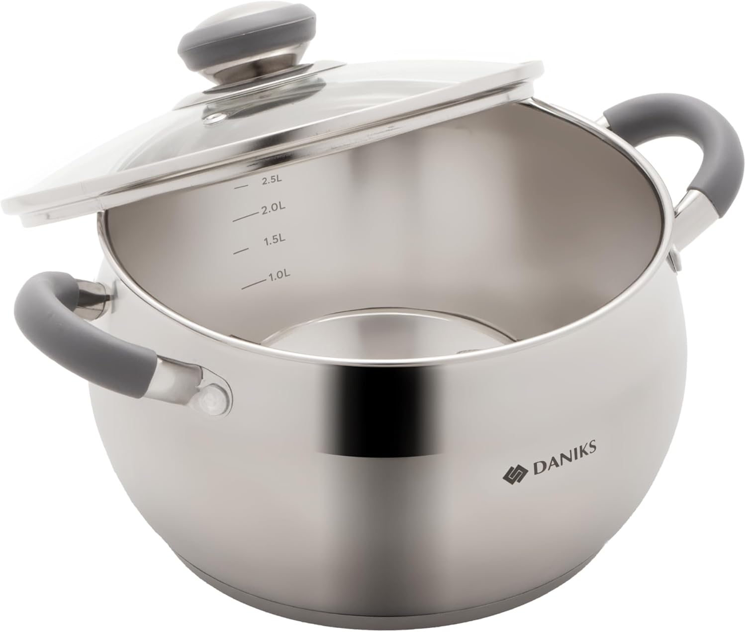 Daniks Modern 4 Quart Stainless Steel Stock Pot with Glass Lid, Tri-Ply Bottom for Even Heating, Induction Compatible, Dishwasher Safe, Heatproof Handles